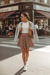 brown polka dot skirt outfit